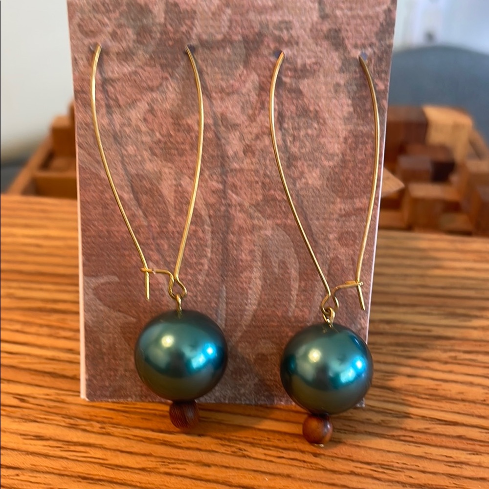 Handmade Faux Pearl and Rosewood Bead Gold Plated Earrings
